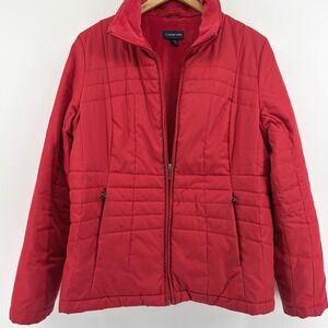 Lands'‎ End Womens Red Quilted Full Zip Fleece Lined Puffer Jacket Medium 10-12